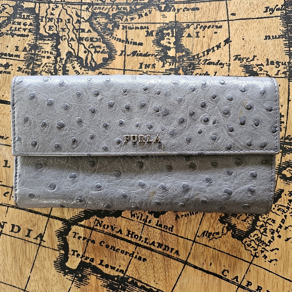 Furla Gray Ostrich Embossed Continental Quiet Luxury Wallet